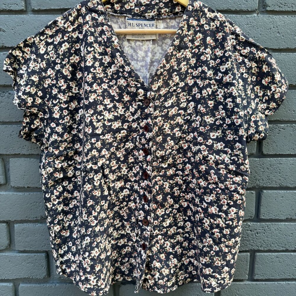 VTG H.L. SPENCER Floral Ditsy Rayon Button Up Shirt Blouse Sz L 48in Cottagecore
